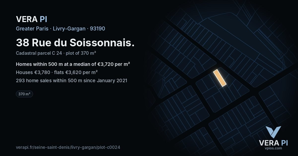 38 Rue du Soissonnais, Livry-Gargan at night – the plot lit, the parcels around coloured by the prices near them