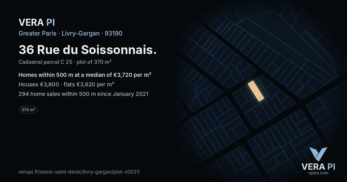 36 Rue du Soissonnais, Livry-Gargan at night – the plot lit, the parcels around coloured by the prices near them