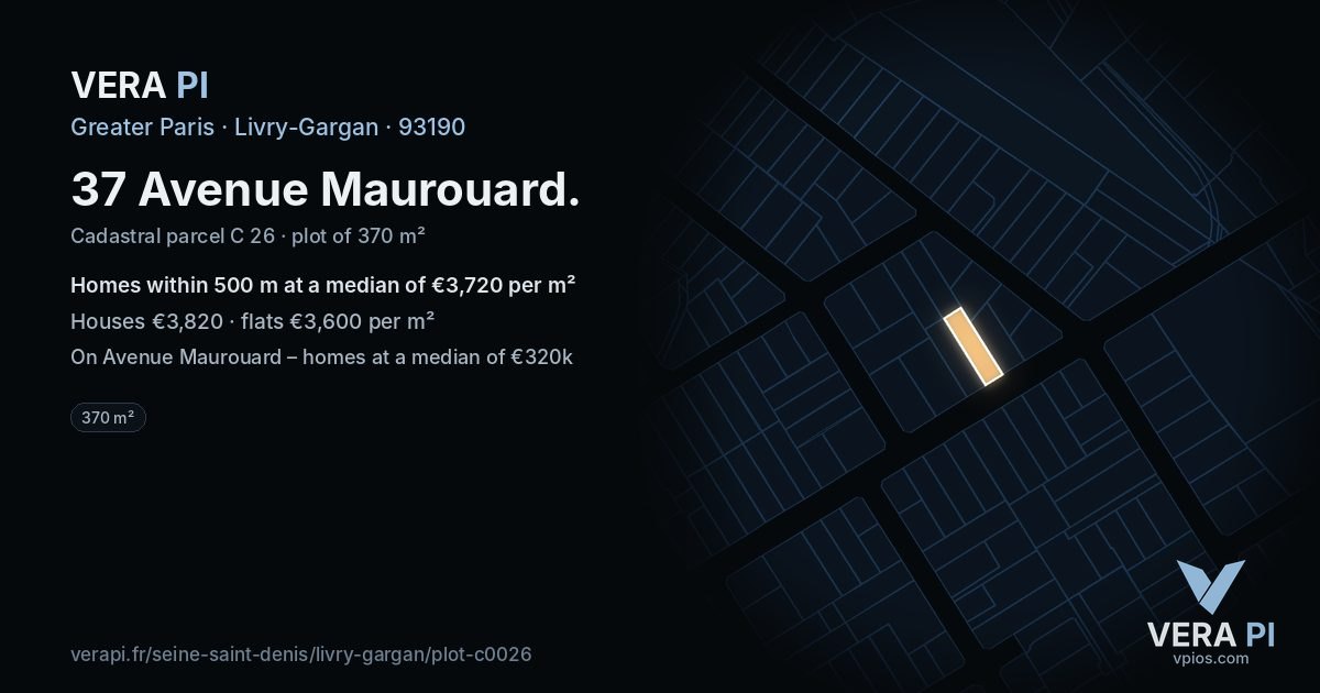 37 Avenue Maurouard, Livry-Gargan at night – the plot lit, the parcels around coloured by the prices near them