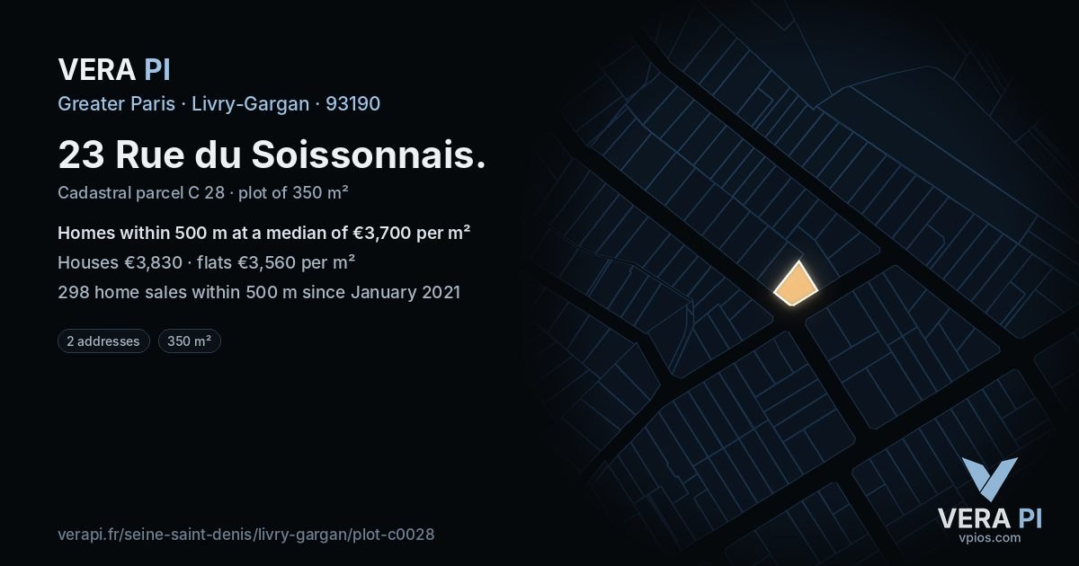 23 Rue du Soissonnais, Livry-Gargan at night – the plot lit, the parcels around coloured by the prices near them
