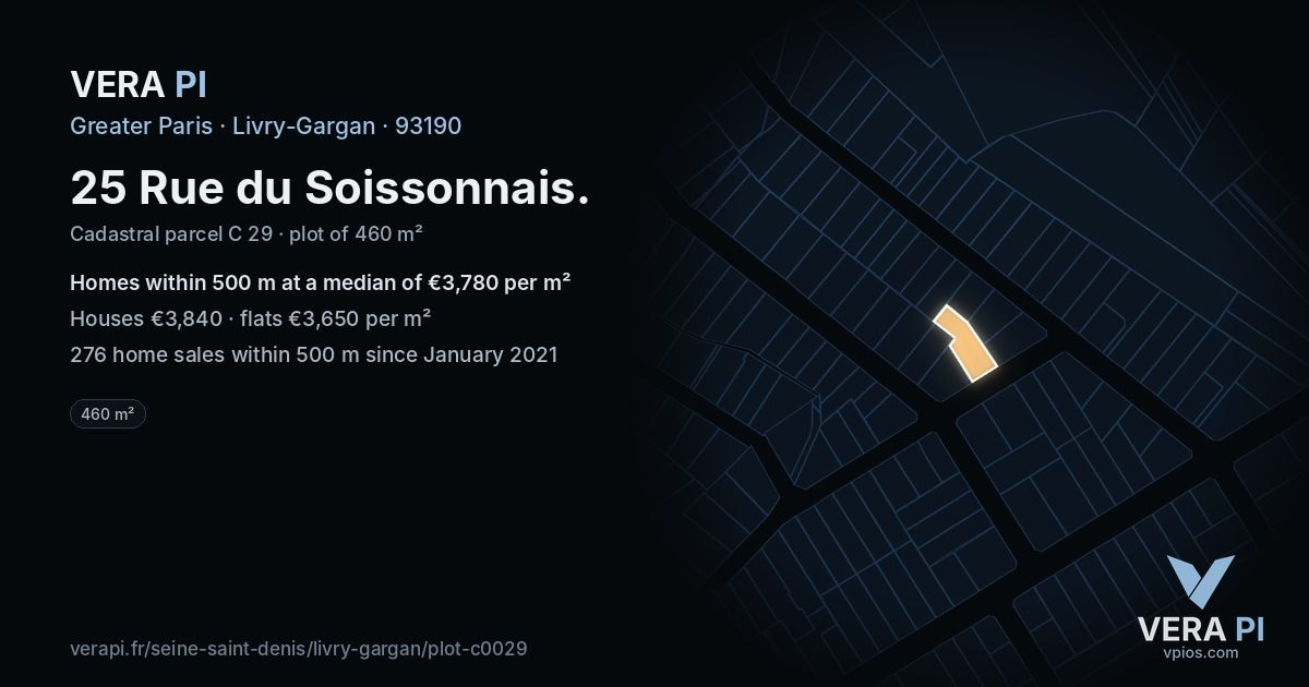 25 Rue du Soissonnais, Livry-Gargan at night – the plot lit, the parcels around coloured by the prices near them