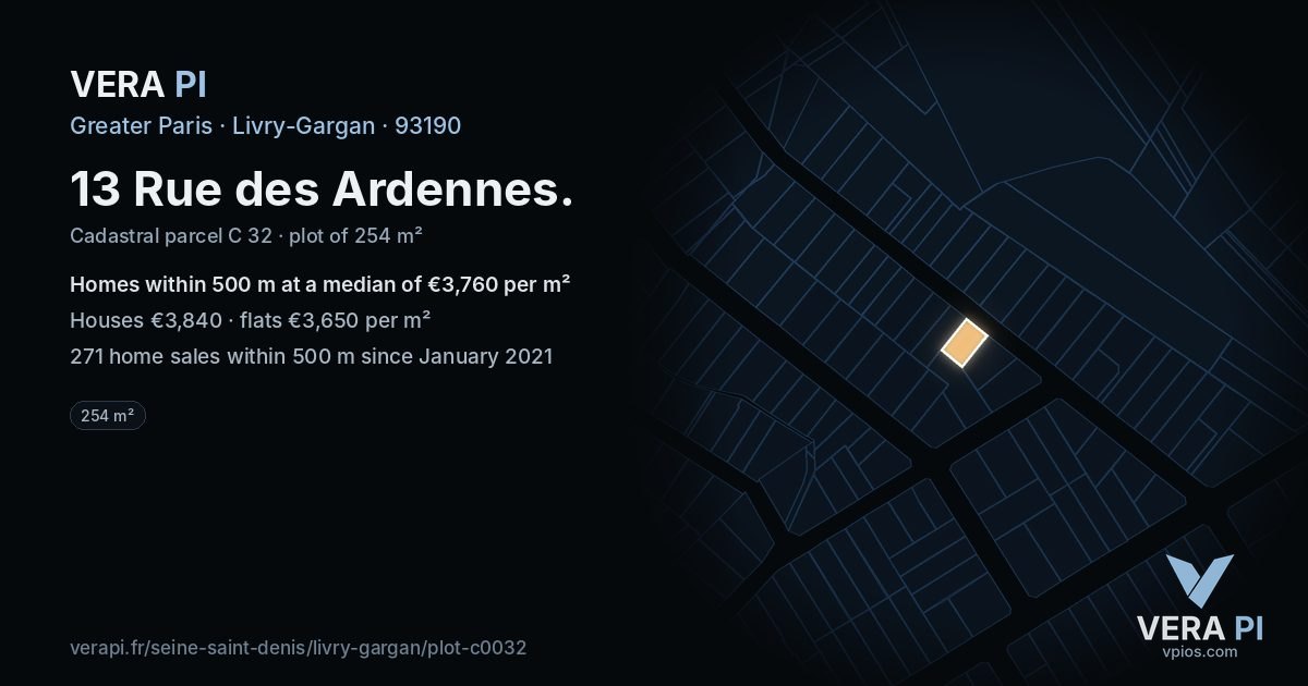 13 Rue des Ardennes, Livry-Gargan at night – the plot lit, the parcels around coloured by the prices near them
