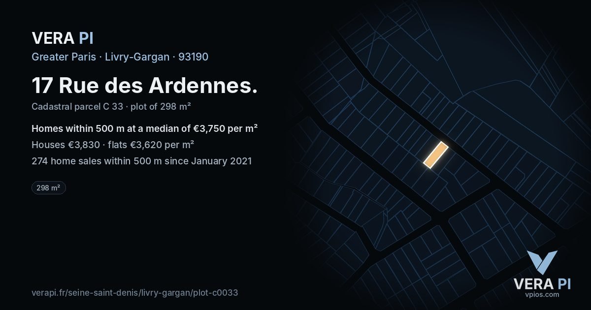 17 Rue des Ardennes, Livry-Gargan at night – the plot lit, the parcels around coloured by the prices near them