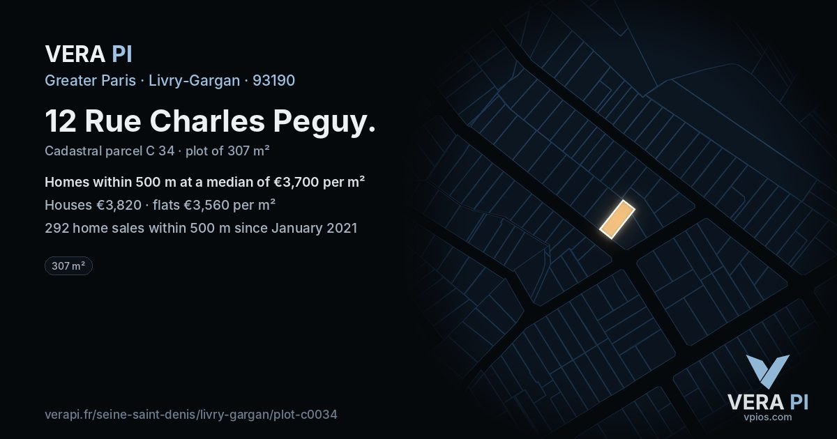 12 Rue Charles Peguy, Livry-Gargan at night – the plot lit, the parcels around coloured by the prices near them