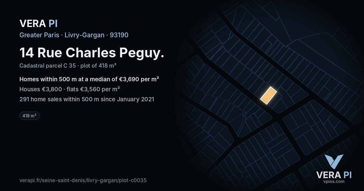 14 Rue Charles Peguy, Livry-Gargan at night – the plot lit, the parcels around coloured by the prices near them