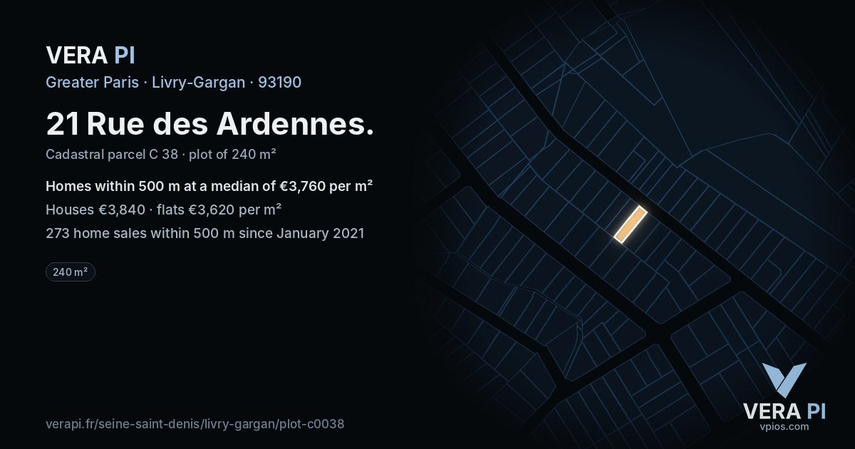 21 Rue des Ardennes, Livry-Gargan at night – the plot lit, the parcels around coloured by the prices near them