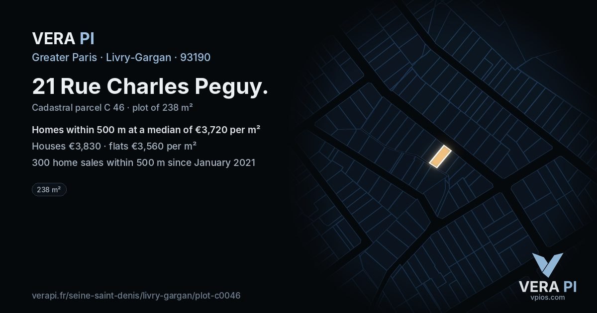 21 Rue Charles Peguy, Livry-Gargan at night – the plot lit, the parcels around coloured by the prices near them