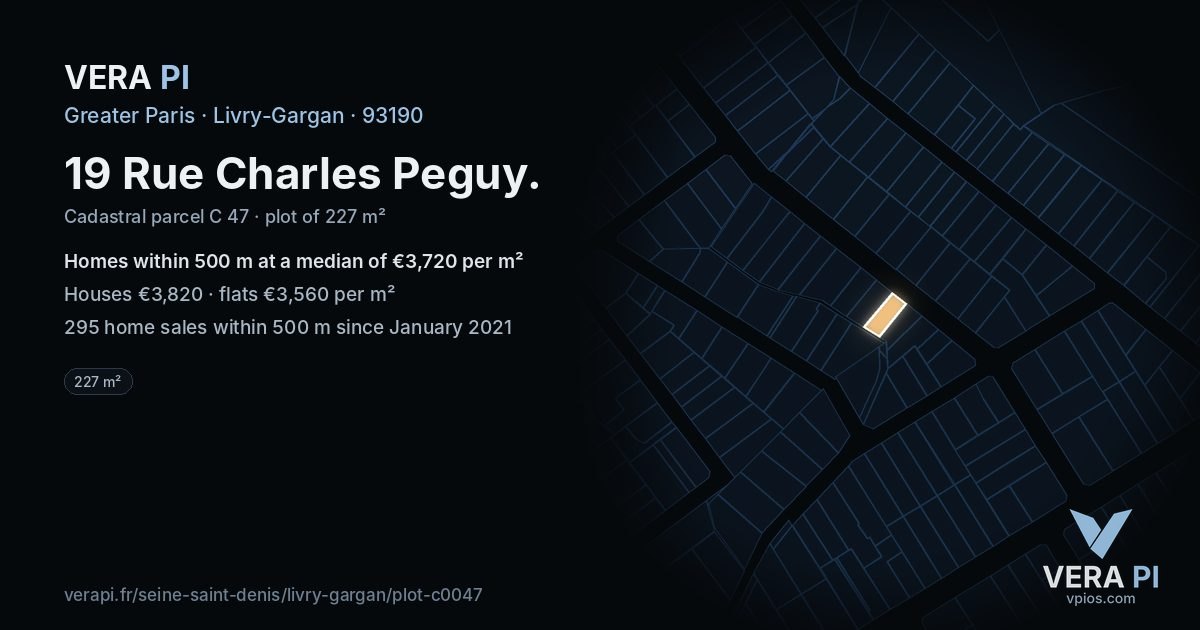 19 Rue Charles Peguy, Livry-Gargan at night – the plot lit, the parcels around coloured by the prices near them