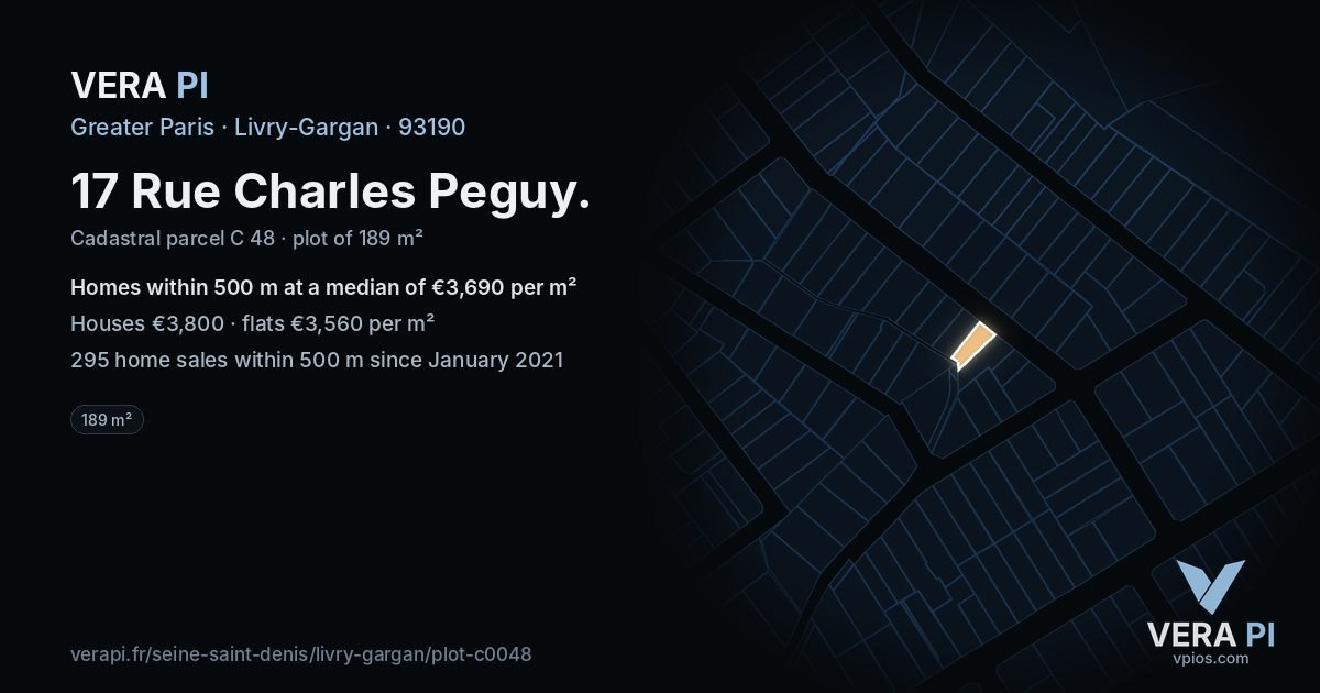 17 Rue Charles Peguy, Livry-Gargan at night – the plot lit, the parcels around coloured by the prices near them