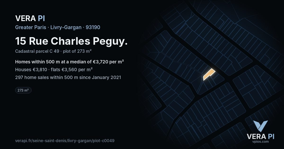 15 Rue Charles Peguy, Livry-Gargan at night – the plot lit, the parcels around coloured by the prices near them