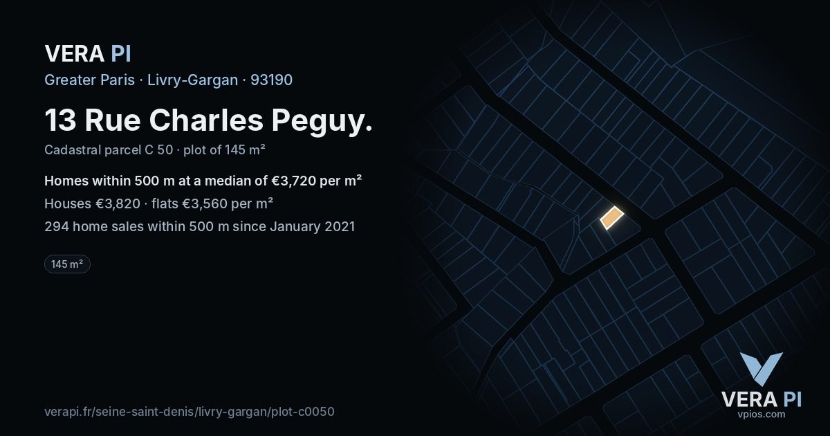 13 Rue Charles Peguy, Livry-Gargan at night – the plot lit, the parcels around coloured by the prices near them