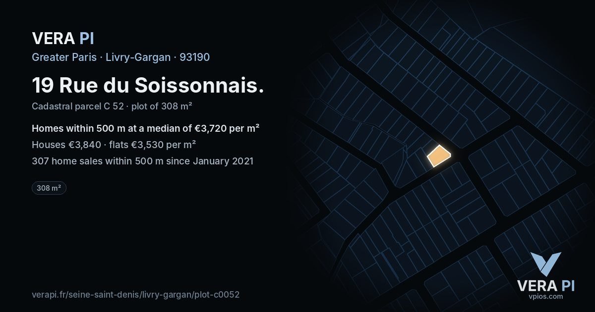 19 Rue du Soissonnais, Livry-Gargan at night – the plot lit, the parcels around coloured by the prices near them