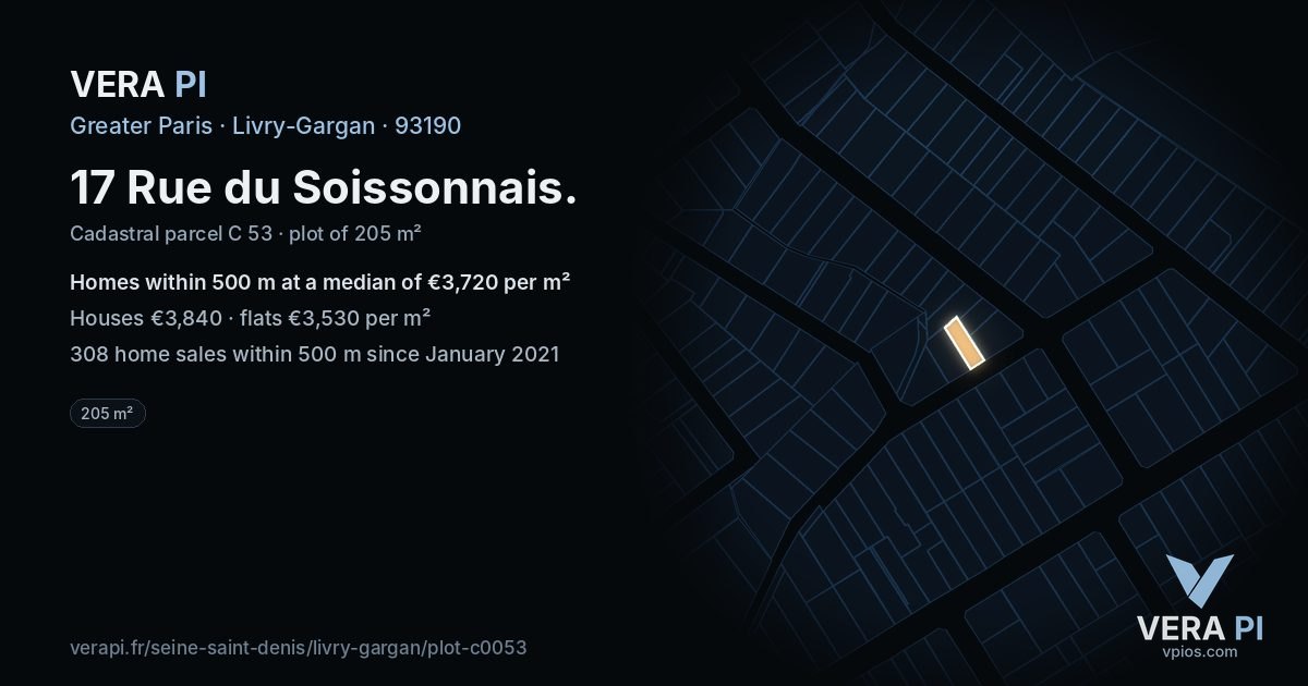 17 Rue du Soissonnais, Livry-Gargan at night – the plot lit, the parcels around coloured by the prices near them
