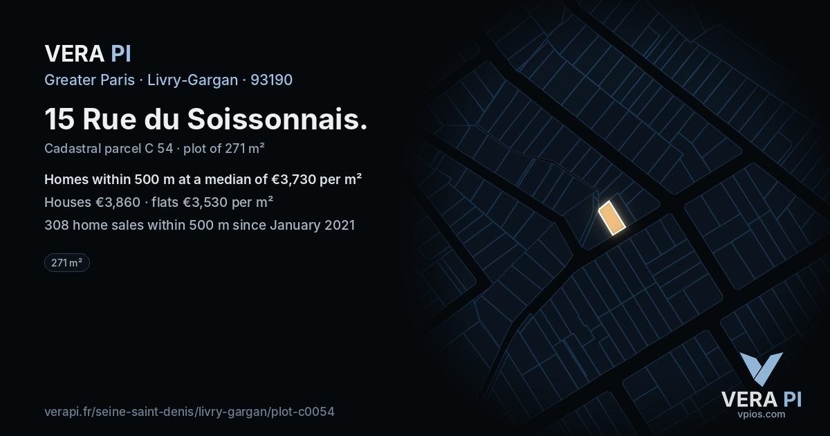 15 Rue du Soissonnais, Livry-Gargan at night – the plot lit, the parcels around coloured by the prices near them