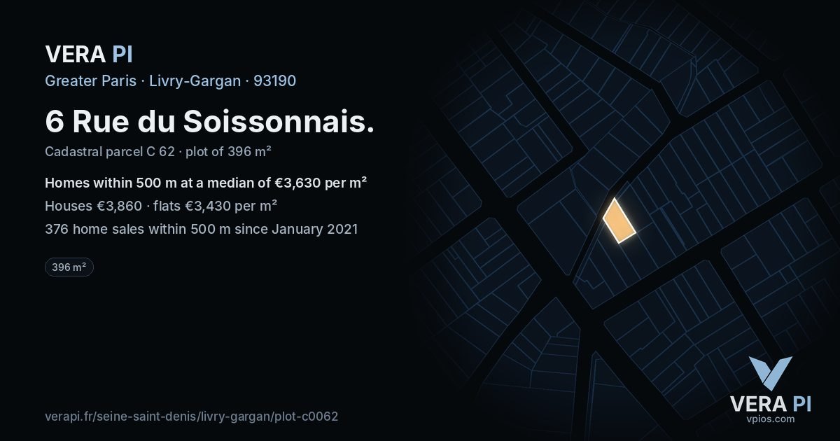 6 Rue du Soissonnais, Livry-Gargan at night – the plot lit, the parcels around coloured by the prices near them