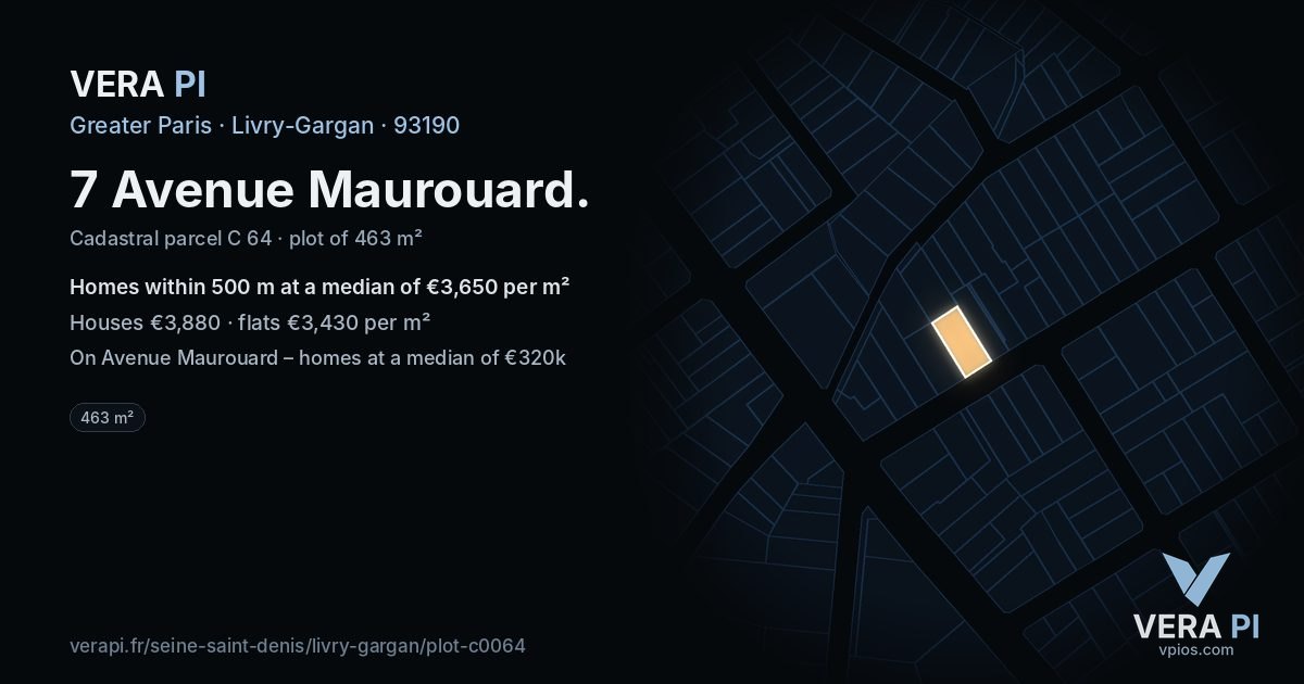 7 Avenue Maurouard, Livry-Gargan at night – the plot lit, the parcels around coloured by the prices near them