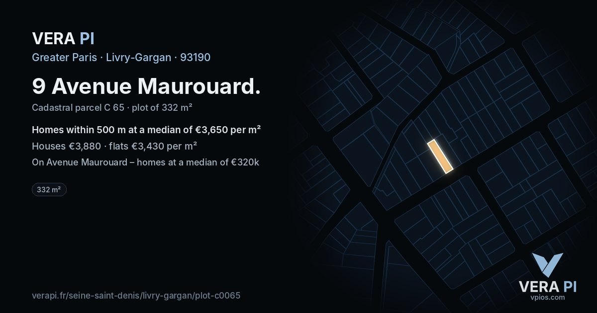 9 Avenue Maurouard, Livry-Gargan at night – the plot lit, the parcels around coloured by the prices near them