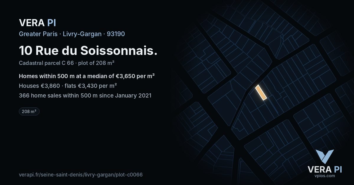10 Rue du Soissonnais, Livry-Gargan at night – the plot lit, the parcels around coloured by the prices near them