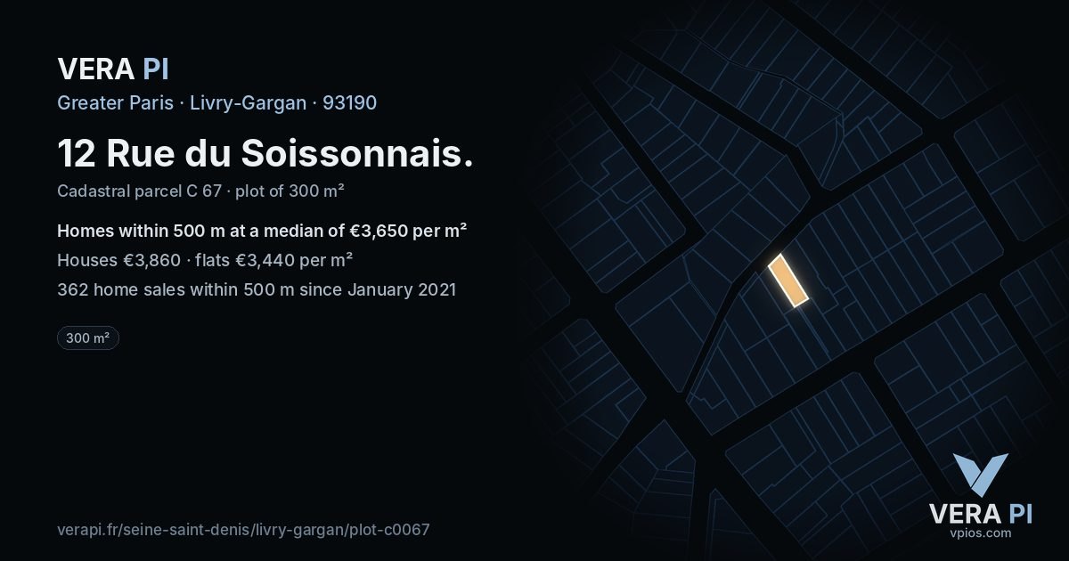 12 Rue du Soissonnais, Livry-Gargan at night – the plot lit, the parcels around coloured by the prices near them