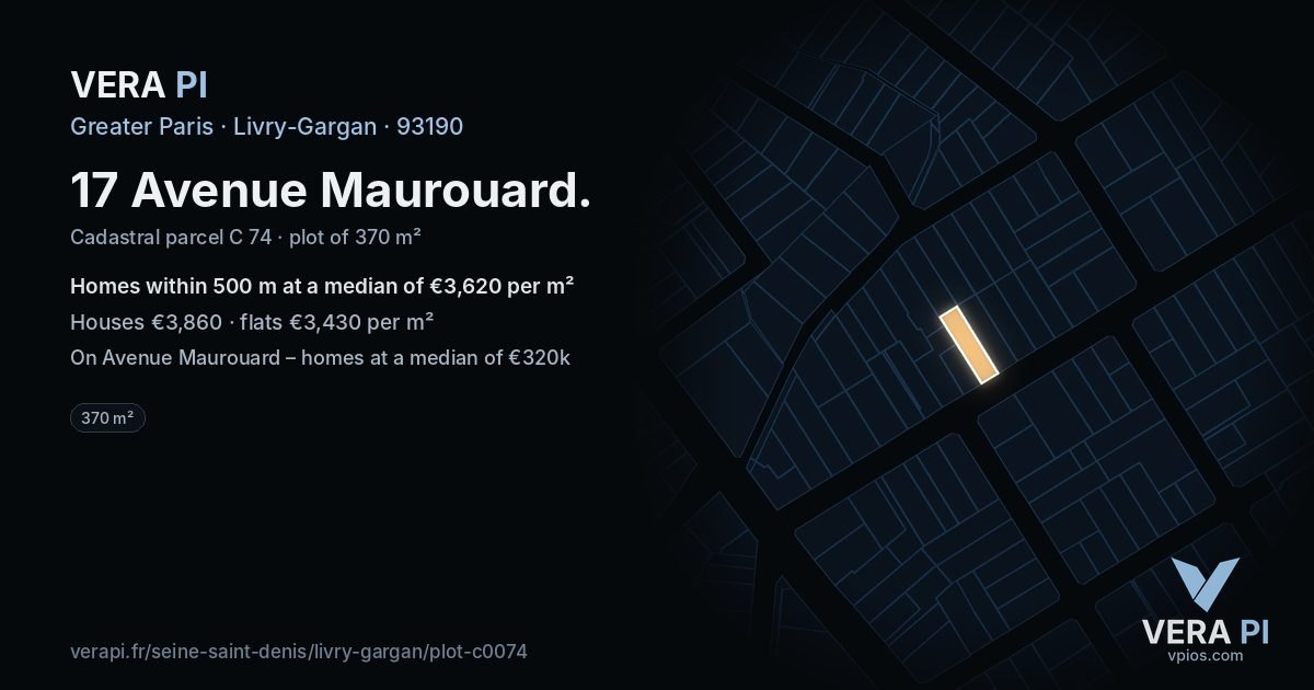 17 Avenue Maurouard, Livry-Gargan at night – the plot lit, the parcels around coloured by the prices near them
