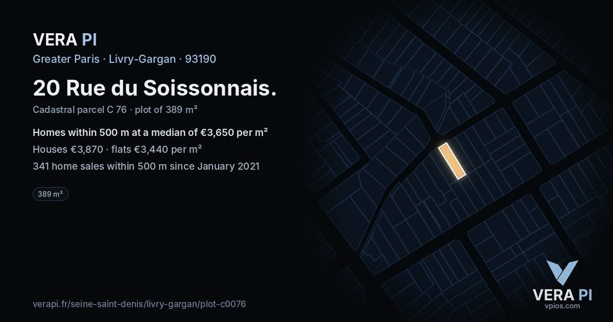 20 Rue du Soissonnais, Livry-Gargan at night – the plot lit, the parcels around coloured by the prices near them