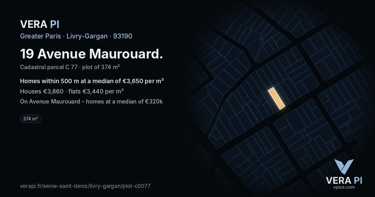 19 Avenue Maurouard, Livry-Gargan at night – the plot lit, the parcels around coloured by the prices near them