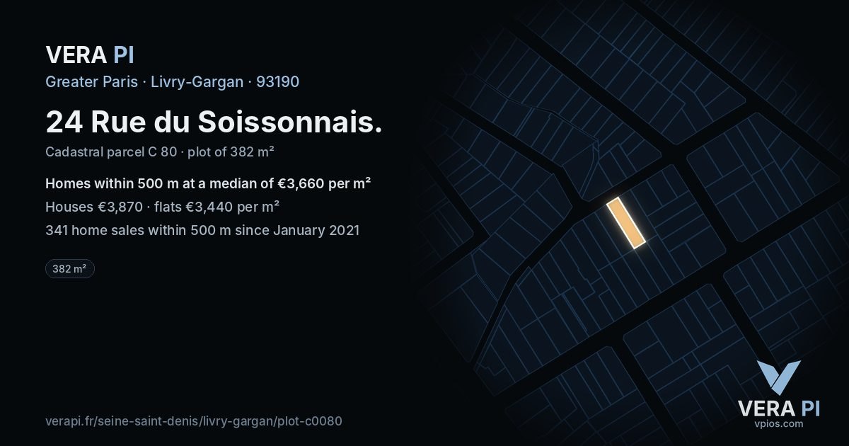 24 Rue du Soissonnais, Livry-Gargan at night – the plot lit, the parcels around coloured by the prices near them