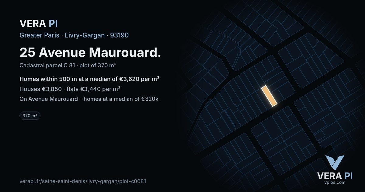 25 Avenue Maurouard, Livry-Gargan at night – the plot lit, the parcels around coloured by the prices near them
