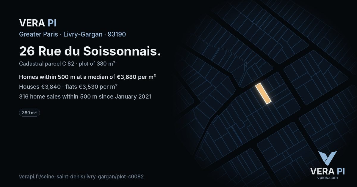 26 Rue du Soissonnais, Livry-Gargan at night – the plot lit, the parcels around coloured by the prices near them