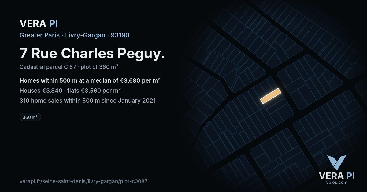 7 Rue Charles Peguy, Livry-Gargan at night – the plot lit, the parcels around coloured by the prices near them