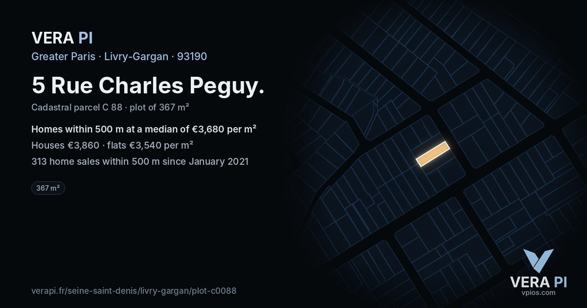 5 Rue Charles Peguy, Livry-Gargan at night – the plot lit, the parcels around coloured by the prices near them