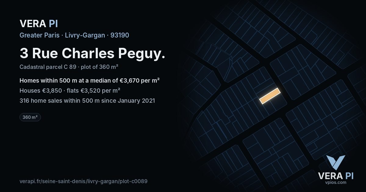 3 Rue Charles Peguy, Livry-Gargan at night – the plot lit, the parcels around coloured by the prices near them