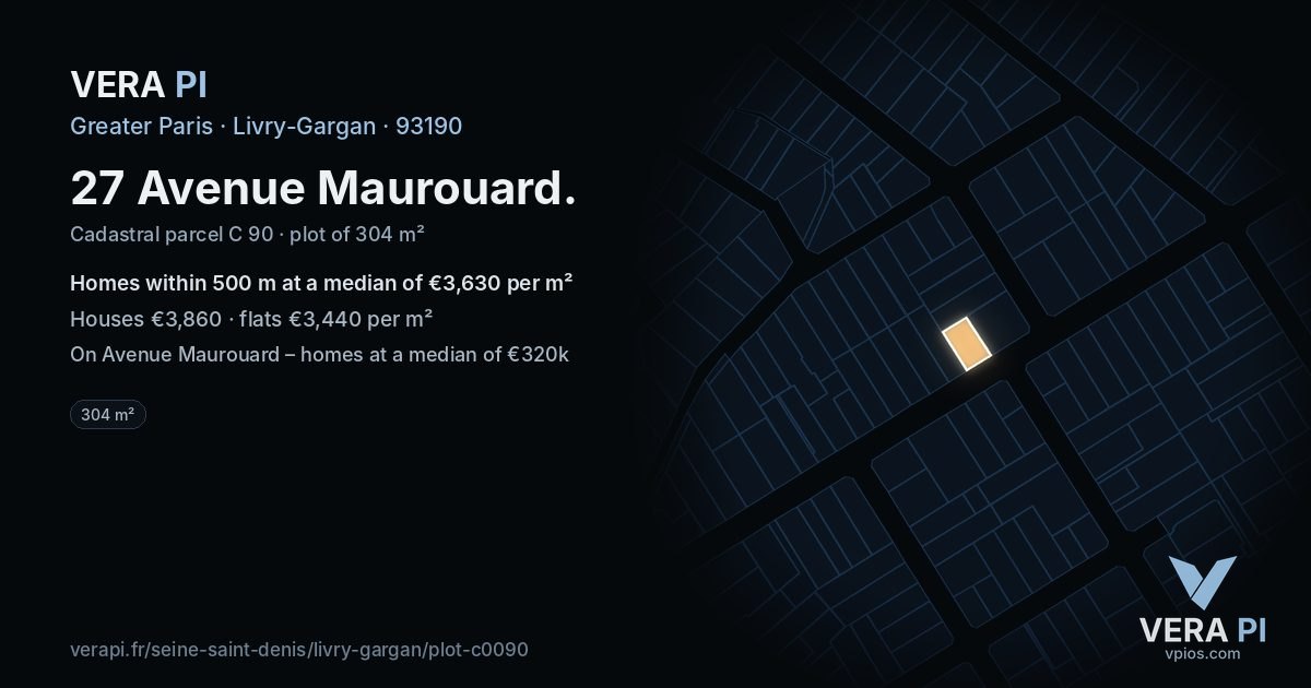 27 Avenue Maurouard, Livry-Gargan at night – the plot lit, the parcels around coloured by the prices near them