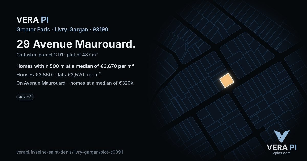 29 Avenue Maurouard, Livry-Gargan at night – the plot lit, the parcels around coloured by the prices near them
