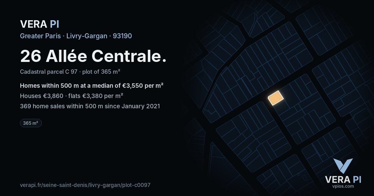 26 Allée Centrale, Livry-Gargan at night – the plot lit, the parcels around coloured by the prices near them