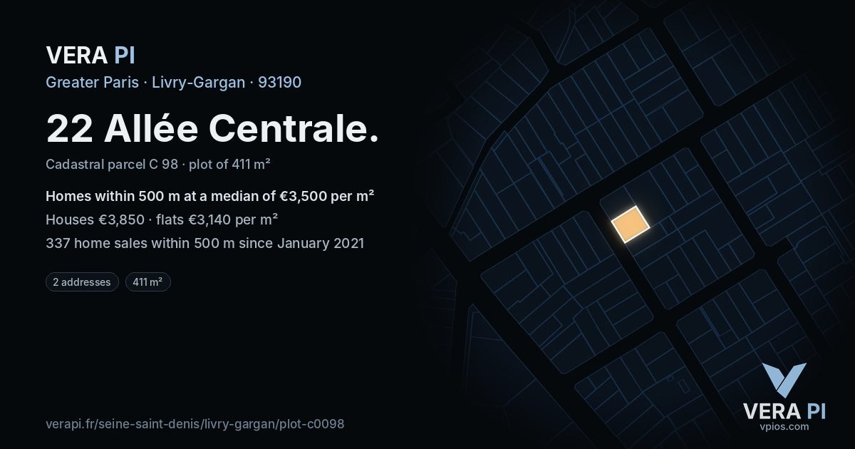 22 Allée Centrale, Livry-Gargan at night – the plot lit, the parcels around coloured by the prices near them