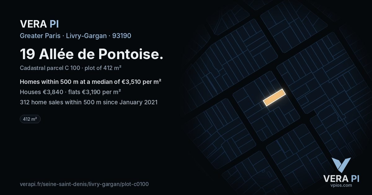 19 Allée de Pontoise, Livry-Gargan at night – the plot lit, the parcels around coloured by the prices near them