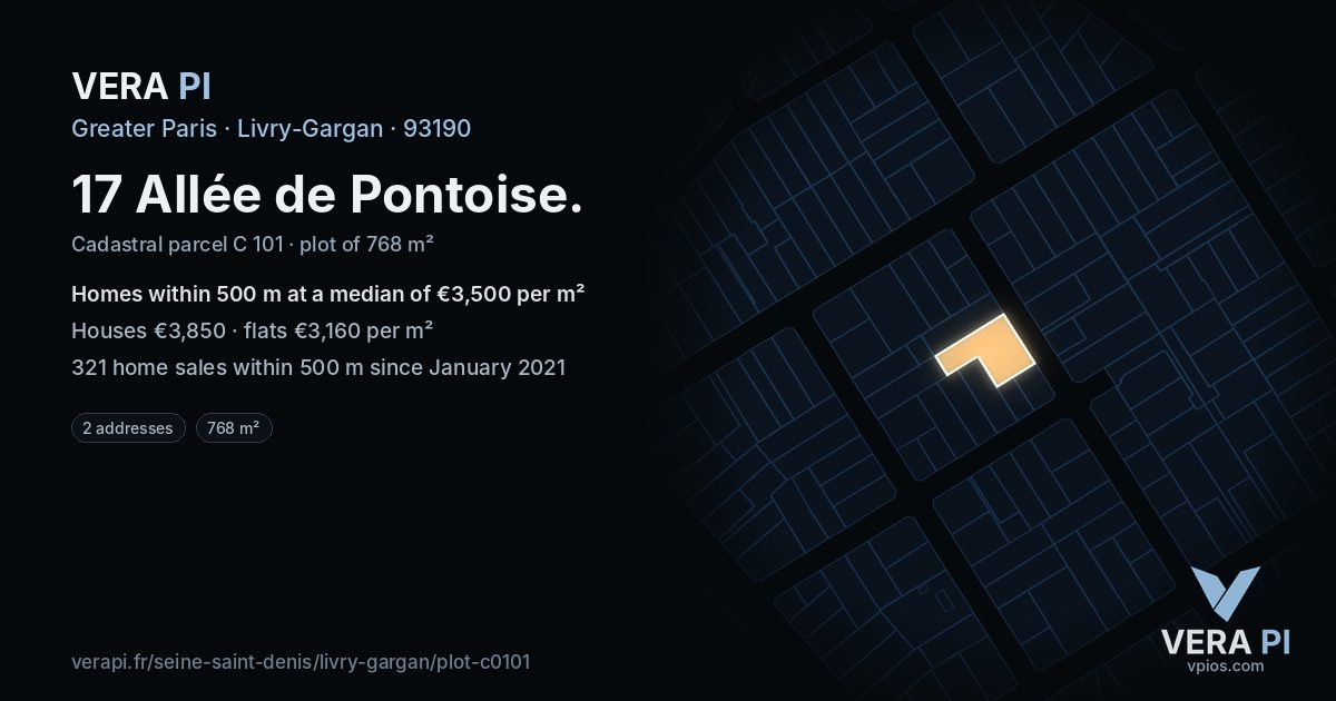17 Allée de Pontoise, Livry-Gargan at night – the plot lit, the parcels around coloured by the prices near them