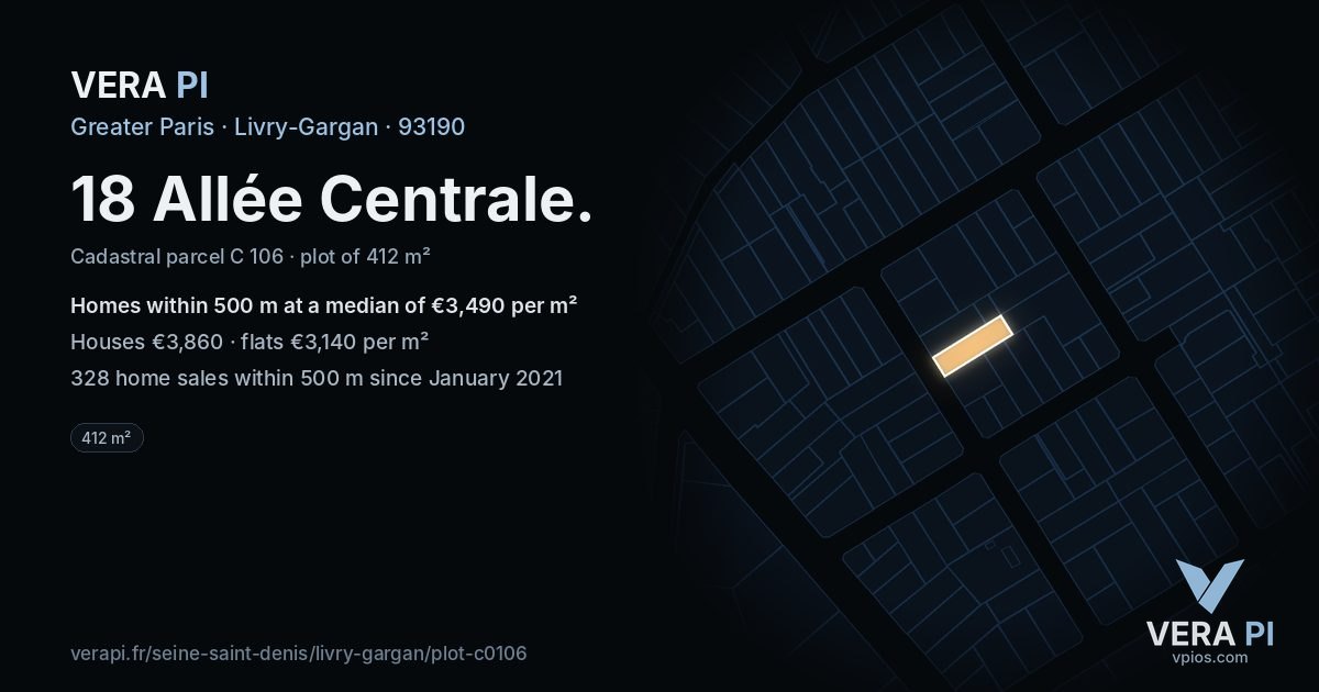 18 Allée Centrale, Livry-Gargan at night – the plot lit, the parcels around coloured by the prices near them