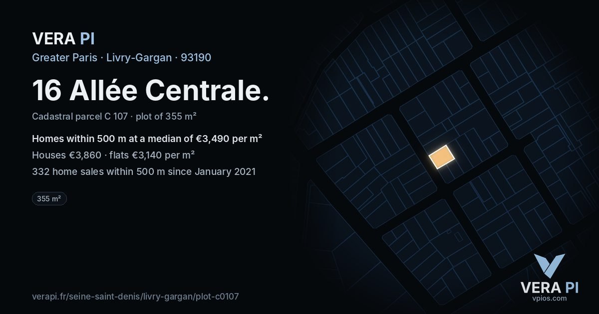 16 Allée Centrale, Livry-Gargan at night – the plot lit, the parcels around coloured by the prices near them