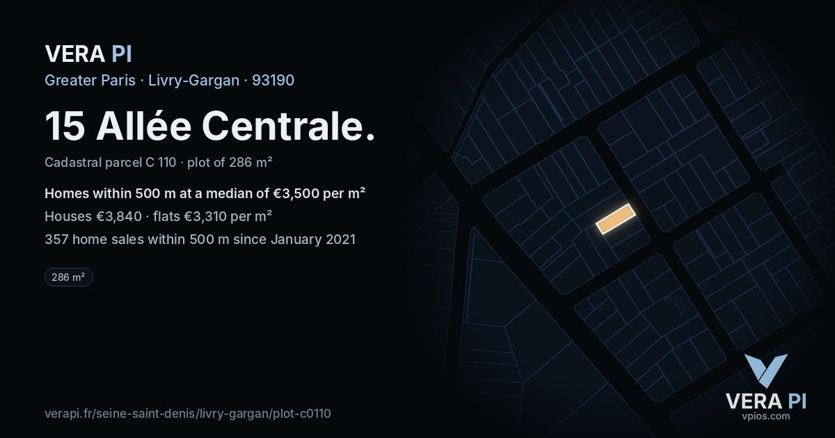 15 Allée Centrale, Livry-Gargan at night – the plot lit, the parcels around coloured by the prices near them