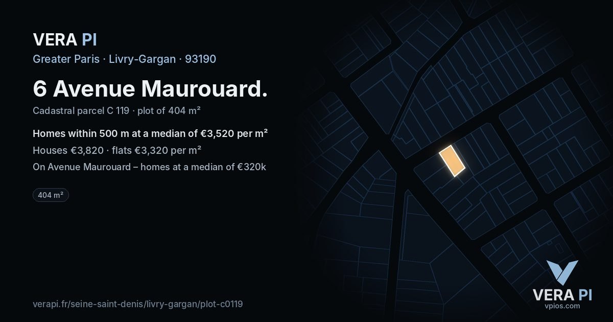 6 Avenue Maurouard, Livry-Gargan at night – the plot lit, the parcels around coloured by the prices near them