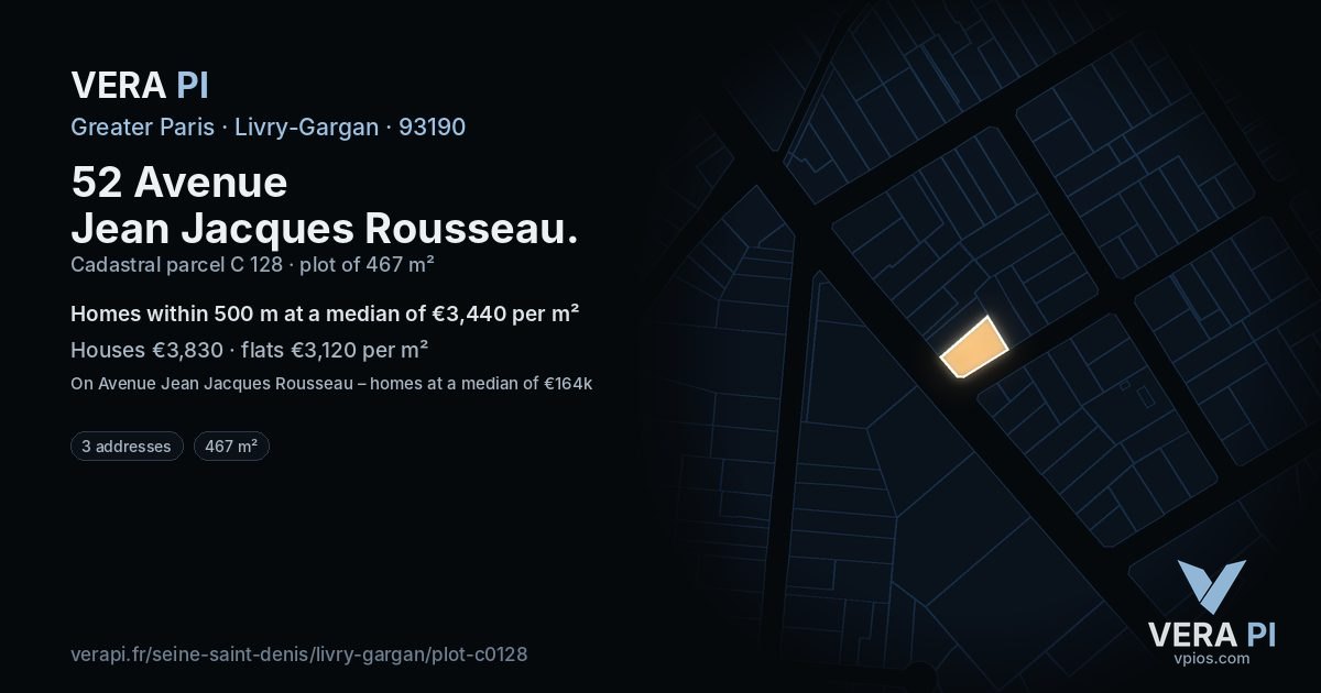 52 Avenue Jean Jacques Rousseau, Livry-Gargan at night – the plot lit, the parcels around coloured by the prices near them