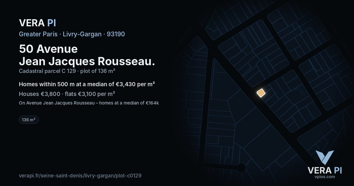 50 Avenue Jean Jacques Rousseau, Livry-Gargan at night – the plot lit, the parcels around coloured by the prices near them