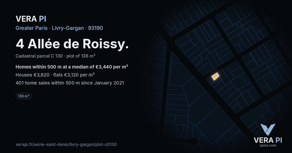 4 Allée de Roissy, Livry-Gargan at night – the plot lit, the parcels around coloured by the prices near them