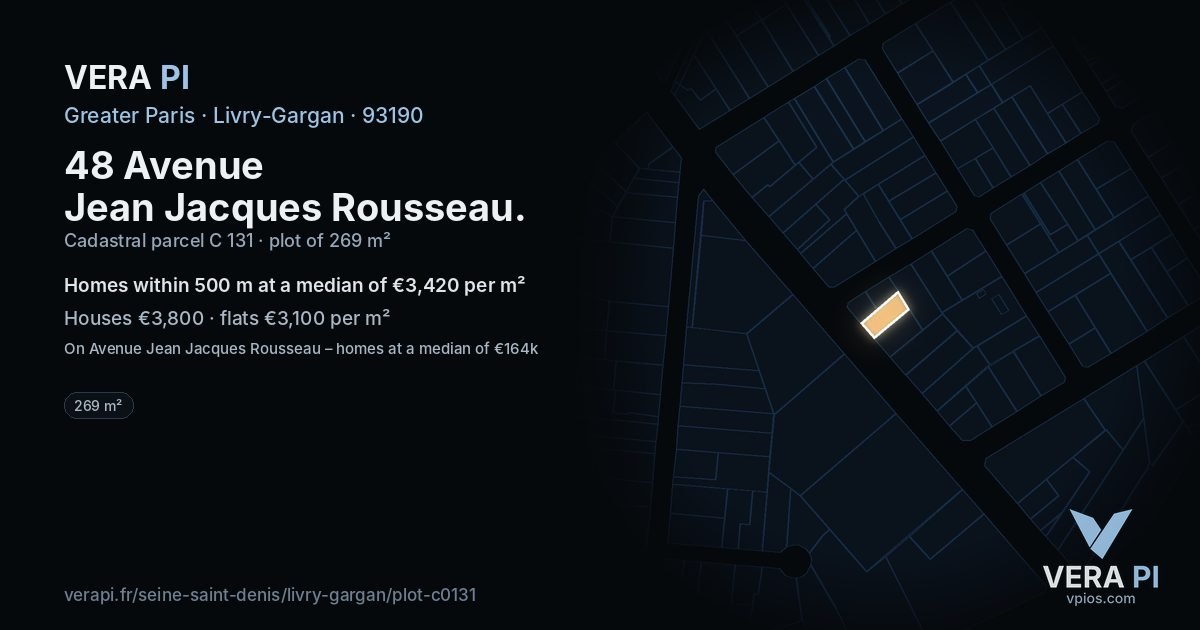 48 Avenue Jean Jacques Rousseau, Livry-Gargan at night – the plot lit, the parcels around coloured by the prices near them