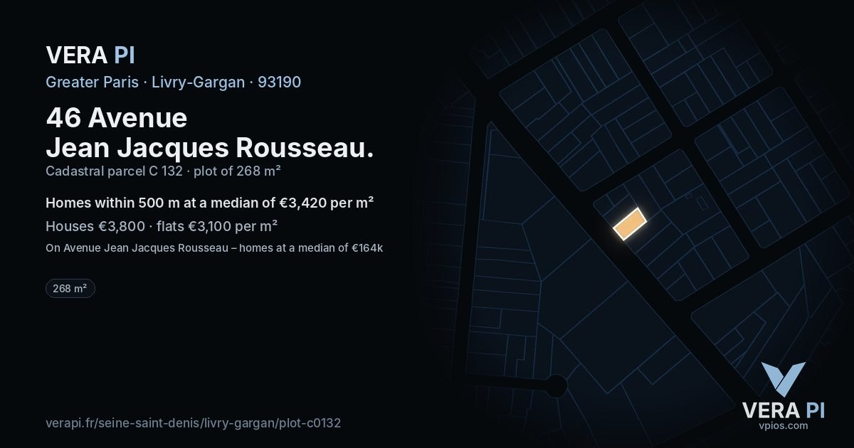 46 Avenue Jean Jacques Rousseau, Livry-Gargan at night – the plot lit, the parcels around coloured by the prices near them
