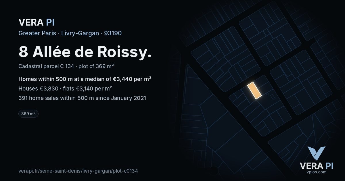 8 Allée de Roissy, Livry-Gargan at night – the plot lit, the parcels around coloured by the prices near them