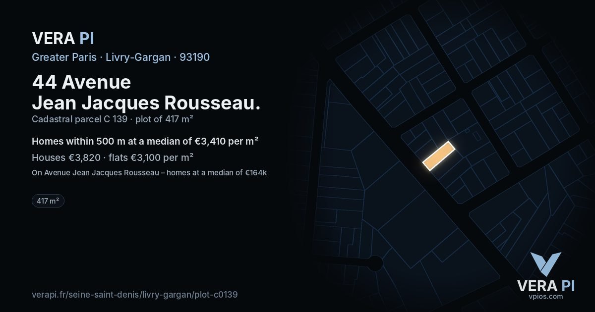 44 Avenue Jean Jacques Rousseau, Livry-Gargan at night – the plot lit, the parcels around coloured by the prices near them