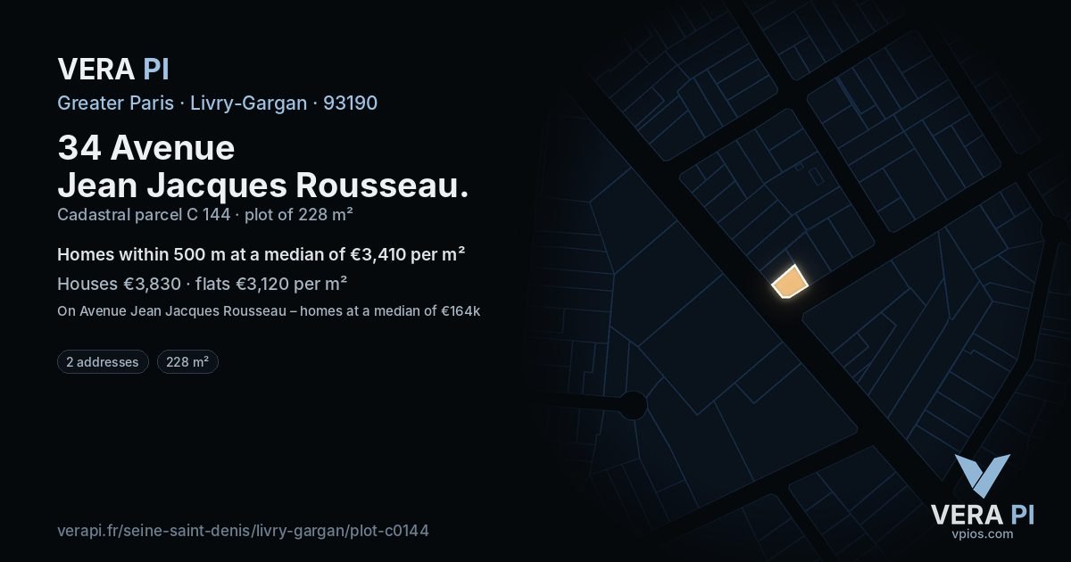 34 Avenue Jean Jacques Rousseau, Livry-Gargan at night – the plot lit, the parcels around coloured by the prices near them